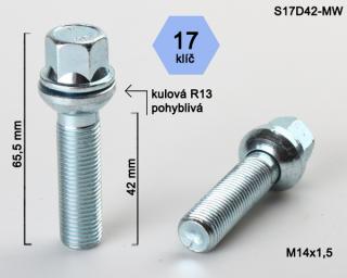 Kolový šroub M14x1,5x42 koule R13 pohyblivá, klíč 17 (Šroub pro ALU kola)