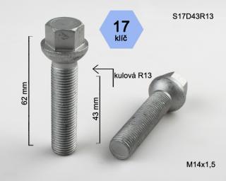 Kolový šroub M14x1,5x43 koule R13, klíč 17, S17D43R13G (Šroub pro ALU kola)