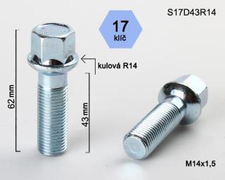 Kolový šroub M14x1,5x43 koule R14, klíč 17 (Šroub pro ALU kola)
