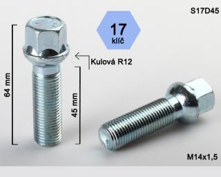 Kolový šroub M14x1,5x45 koule R12, klíč 17 G (Šroub pro ALU kola)