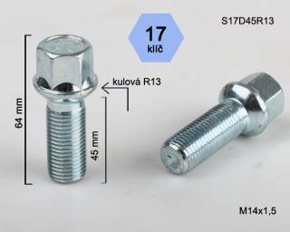 Kolový šroub M14x1,5x45 koule R13, klíč 17 G (Šroub pro ALU kola)