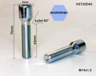 Kolový šroub M14x1,5x45 kužel s vnitřním mnohohranem, průměr hlavy 23mm (Šroub pro ALU kola)