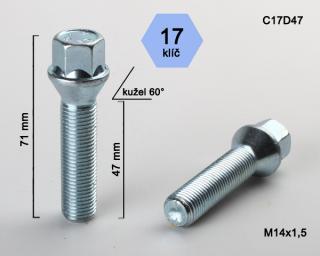 Kolový šroub M14x1,5x47 kužel, klíč 17 (Šroub pro ALU kola)