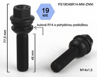 Kolový šroub M14x1,5x48 koule R14 pohyblivá, černý, klíč 19  (Šroub pro ALU kola)