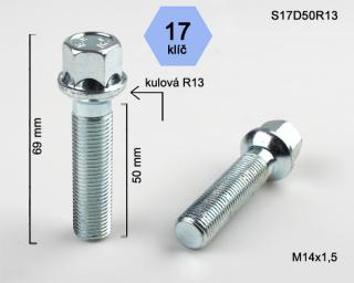 Kolový šroub M14x1,5x50 koule R13, klíč 17 (Šroub pro ALU kola)