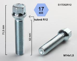 Kolový šroub M14x1,5x52 koule R12, klíč 17 (Šroub pro ALU kola)