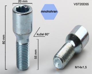 Kolový šroub M14x1,5x55 kužel s vnitřním mnohohranem, průměr hlavy 20mm (Šroub pro ALU kola)