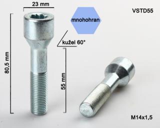 Kolový šroub M14x1,5x55 kužel s vnitřním mnohohranem, průměr hlavy 23mm (Šroub pro ALU kola)