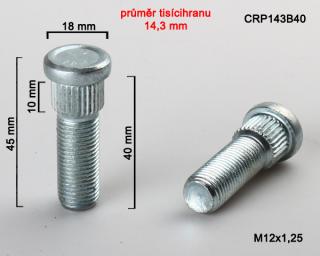 Kolový šteft M12x1,25x40mm, průměr tisícihranu 14,3 mm (Kolový svorník)