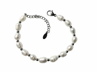 Říční perly bílé náramek s karabinou (Obvod 16 cm + 5 cm nastavovací řetízek chir. ocel)