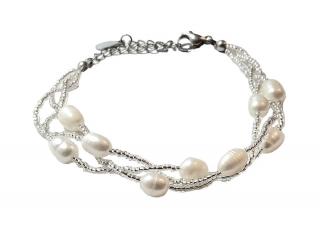 Říční perly propletené bílé náramek (Obvod cca 17cm + 6cm nastavovací řetízek)