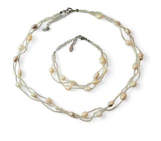 Říční perly propletené mix sada  (Obvod náhrdelníku 42 cm, náramku 16 cm + 5cm nastavovací řetízek)