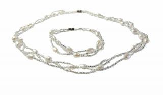 Říční perly propletené sada bílá (Obvod 45 cm, náramek 18 cm)