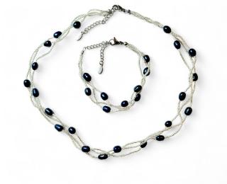 Říční perly propletené tmavé sada  (Obvod náhrdelníku 42 cm, náramku 16 cm + 5cm nastavovací řetízek)