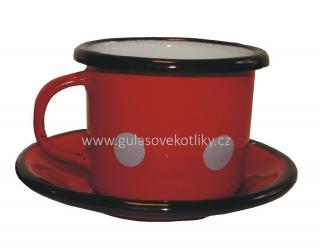 červený smaltovaný hrnek na kávu s podšálkem s puntíky 0,05 l (šálek na kávu s podšálkem červený s puntíky smaltovaný)
