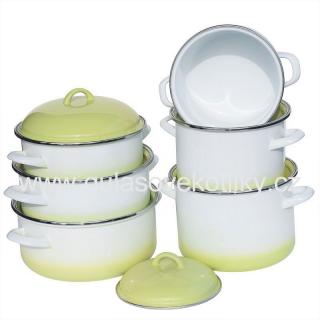 Souprava nádobí šestidílná zelený stín  (souprava smaltovaného bílého nádobí se zeleným stínem)