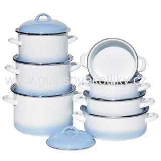 Souprava sedmidílná smaltovaného nádobí Ema-Lion modrý stín (souprava nádobí smalt bílé s modrým stínem)