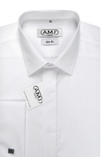 Společenská košile AMJ Slim fit s dvojitou manžetou - bílá JDAMK velikost: 38, délka rukávu: dlouhý rukáv (65 cm)