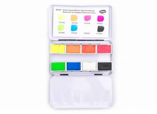 Sada akvarelů Kremer fluorescenční barvy - malá (krabička na akvarel, s 8 plnými pánvemi, čisté pigmenty, nestálé na světle)