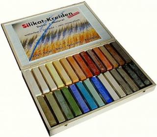 Sada: Silikátové křídy, včetně 3 l silikátového fixačního prostředku (v dřevěné krabičce s 28 barvami)