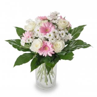 Puget bílých růží a mini gerber Velikost pugetu: Malý (na obrázku)