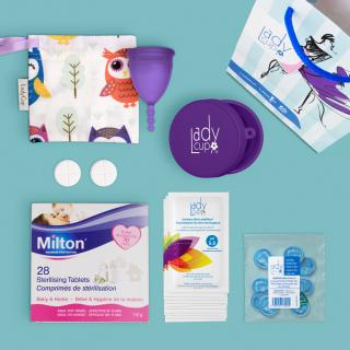 Dárkové balení s tabletami Milton Barva LadyCup: Modrá hvězdice, Velikost: L, Barva kelímku: Fialová sova