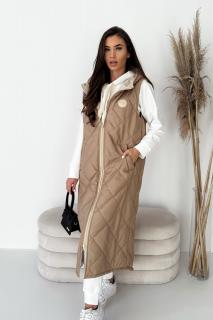 Dámská dlouhá vesta Glamour Maxi Long MMK Premium 2384 béžová  (Extra dlouhá prošívaná vesta s kapucí)