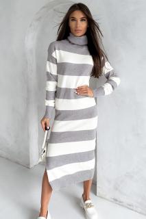 Dámské pruhované šaty s rozparkem MMK Premium 4898 šedo-bílé (Dlouhé viskózové šaty s proužky)