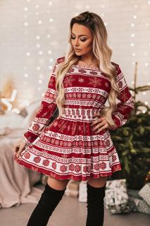 Dámské vánoční šaty s norským vzorem Flawless 759 červené  (Hebké velvetové šaty s vánočním motivem vloček)