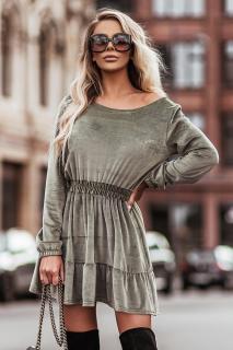 Dámské velurové šaty Velvet Flawless 759-2 olivové  (Pohodlné velurové šaty s volánkem)