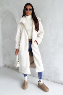 Dámský plyšový teddy kabát MMK Premium 2391 bílý (Dlouhý plyšový kabát se zlatým zipem)