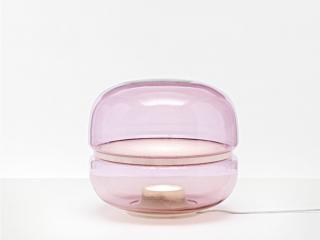 Brokis Macaron, skleněná stolní/stojací lampa, Ø 300 mm Barva skla: Růžová, Disk: BROKISGLASS - triplex opál mat, Základna: Dub evropský - bíle mořený