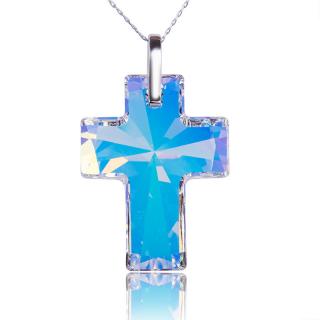 Náhrdelník Kříž s krystalem Aurore Boreale (Stříbrný náhrdelník s krystalem)