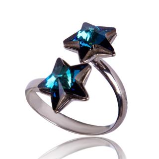 Stříbrný prsten s krystaly Hvězdičky DUO Bermuda Blue (Stříbrný prsten s krystaly)