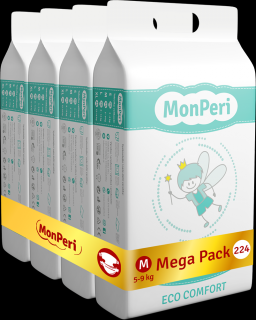 MonPeri Eco Comfort Mega Pack M 5 – 9 kg - 224 ks EKO Jednorázové dětské plenky (velikost 3)