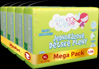 MonPeri Klasik Mega Pack XL 12-16kg - 136ks  EKO Jednorázové dětské pleny (velikost 5)