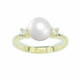 Diamantový prsten s kulatou přírodní bílou perlou a diamanty žluté zlato - T 1207