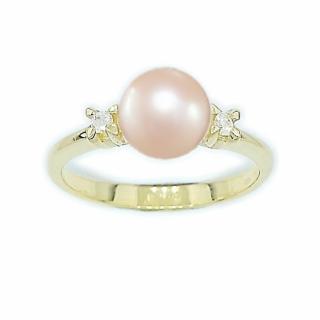Diamantový prsten s kulatou přírodní lososovou perlou a diamanty žluté zlato - T 1207