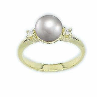 Diamantový prsten s kulatou přírodní šedou perlou a diamanty žluté zlato - T 1207