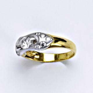 Prsten kombinace žluté a bílé zlato 14 karátů, syntetický zirkon, váha 3,45 g, vel.54