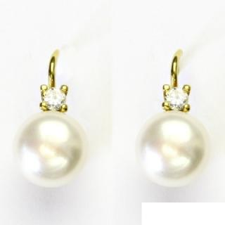 Zlaté náušnice, bílá přírodní říční perla, žluté zlato, NK 1287