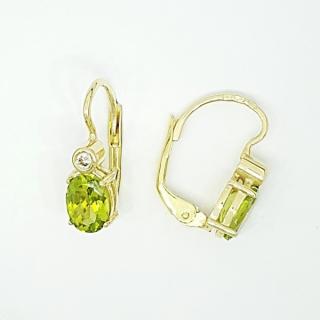 Zlaté náušnice s diamanty a přírodním olivínem, žluté zlato, briliantové náušnice ze zlata VE 146
