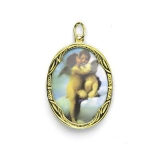 Zlatý přívěsek, porcelánový medailon Andělíčci, M-15, žluté zlato, P 158
