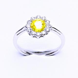 Zlatý prsten, bílé zlato, žlutý zirkon, čiré zirkony, T 1495