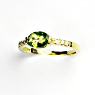 Zlatý prsten, čiré zirkony a přírodní olivín, žluté zlato, prstýnek, VR 237