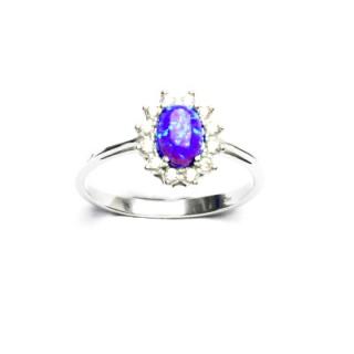 Zlatý prsten Kate, fialový syntetický opál, čiré zirkony, bílé zlato, T 1480