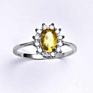 Zlatý prsten Kate, přírodní citrín pálený, čiré zirkony, bílé zlato, T 1480