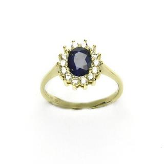 Zlatý prsten Kate, přírodní modrý safír, čiré zirkony, žluté zlato, T 1507
