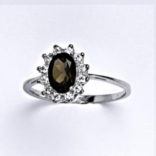 Zlatý prsten Kate, přírodní záhněda, čiré zirkony, bílé zlato, T 1480