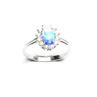 Zlatý prsten Kate, světle modrý syntetický opál, čiré zirkony, bílé zlato,T 1480